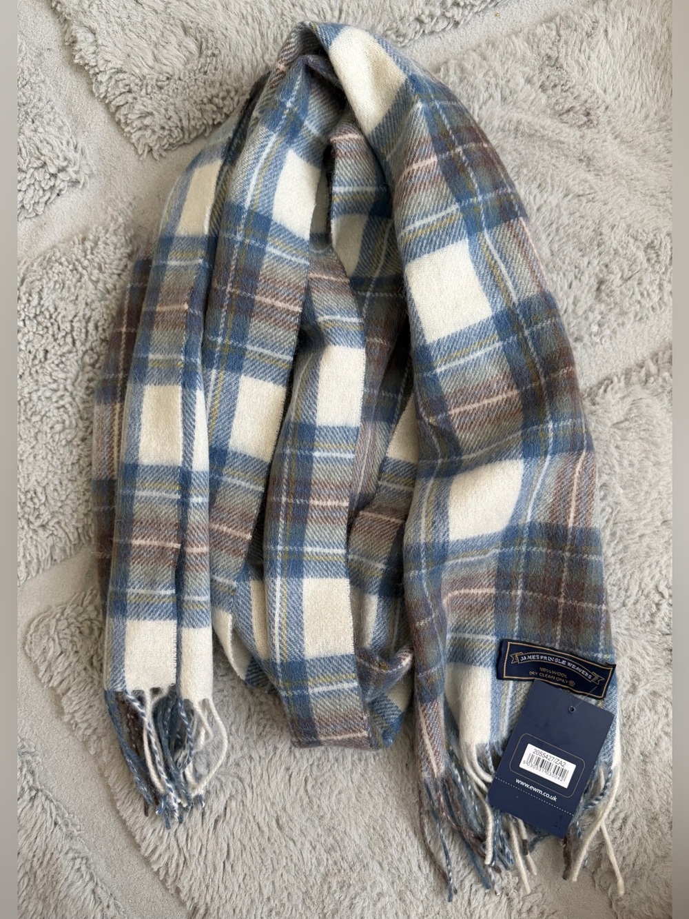James Pringle Weavers Classic Plaid Wool Scarf in Blue, Cream & Brown